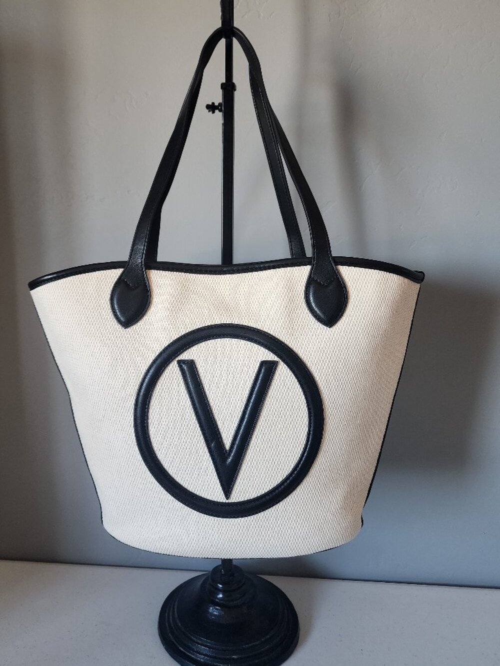 Mario Valentino Cream and Black Canvas Tote with V Logo Patch